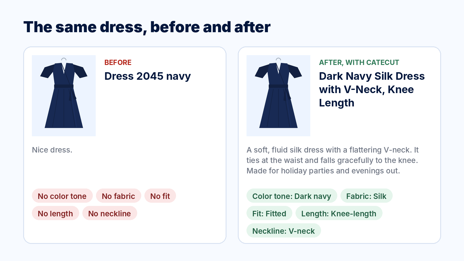 The same navy dress before and after Catecut