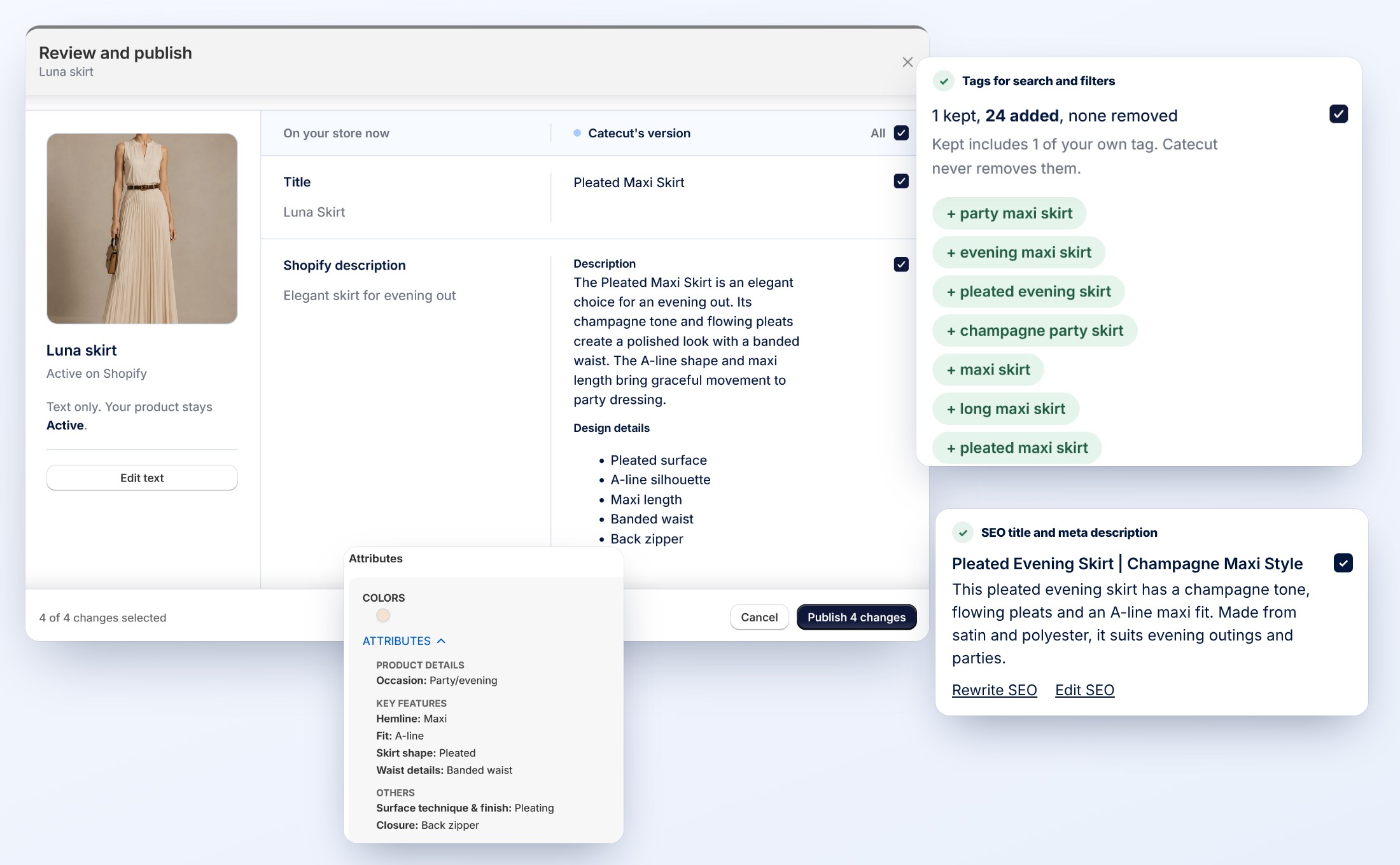 The Catecut review and publish screen for a pleated maxi skirt: what is on the store now next to Catecut's title, description, tags, SEO and attributes