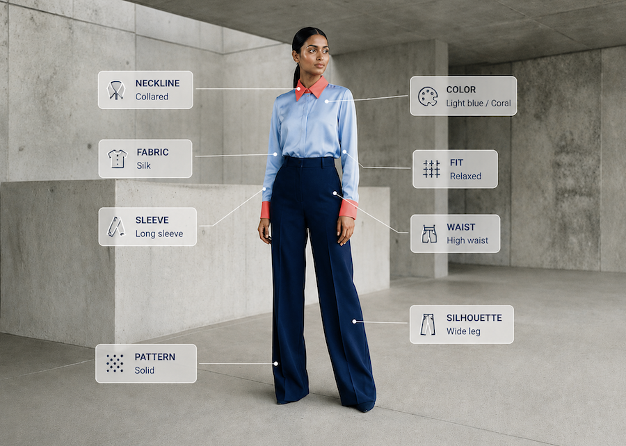 A product photo of a silk blouse and wide-leg trousers, annotated with the attributes Catecut extracts automatically: neckline, fabric, sleeve, pattern, colour, fit, waist and silhouette.