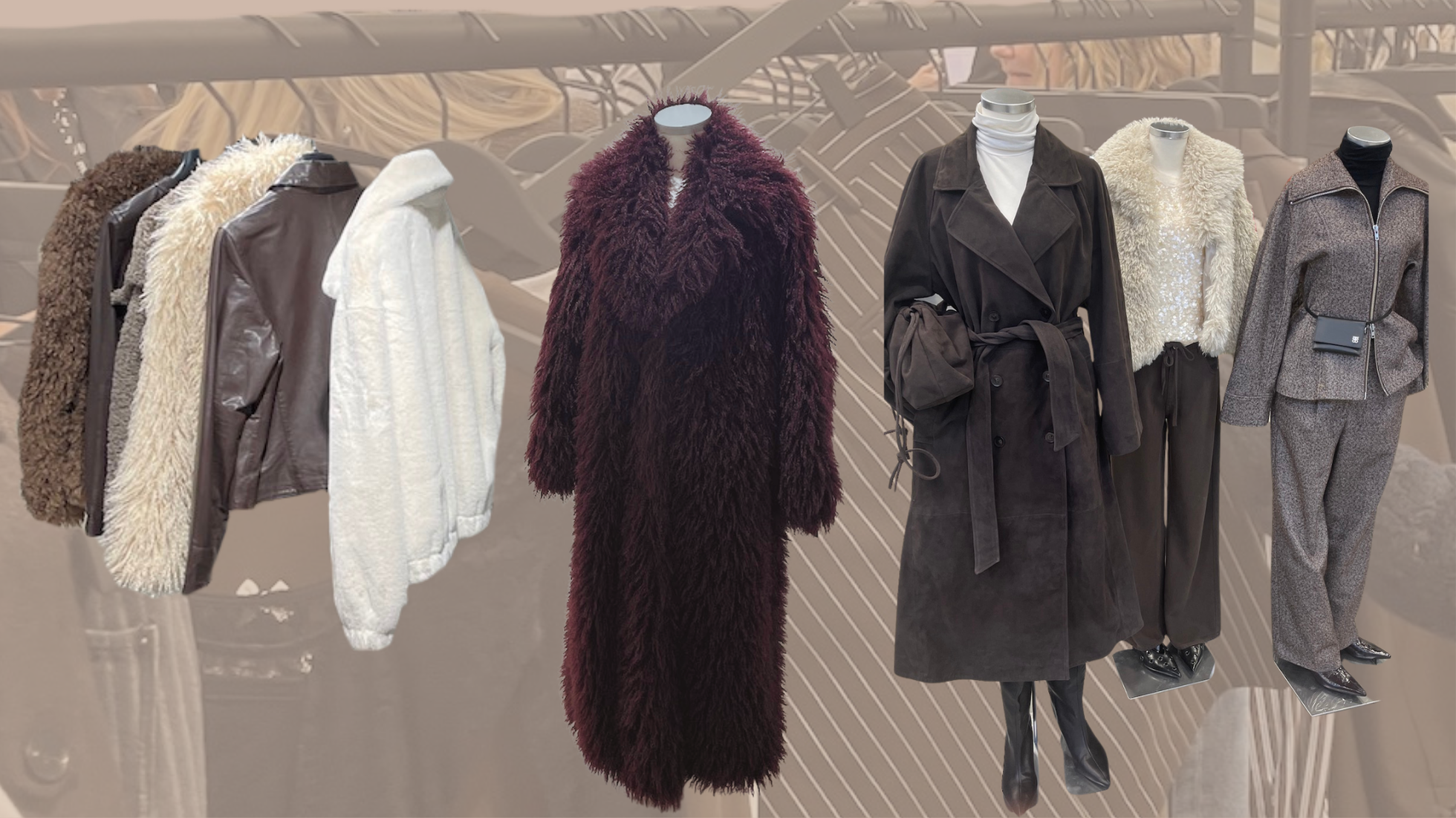 Fall/Winter 2025 will continue to showcase warm, fuzzy coats in shades of ivory, brown, burgundy and moss.